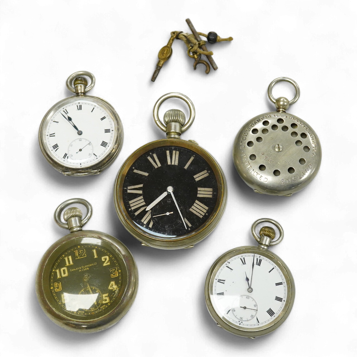 A collection of open faced pocket keyless watches to include a black faced Military pocket watch signed Carley & Clemence A1386, stamped verso GS MK. D 1386another black faced pocket watch, a silver open faced pocket wat
